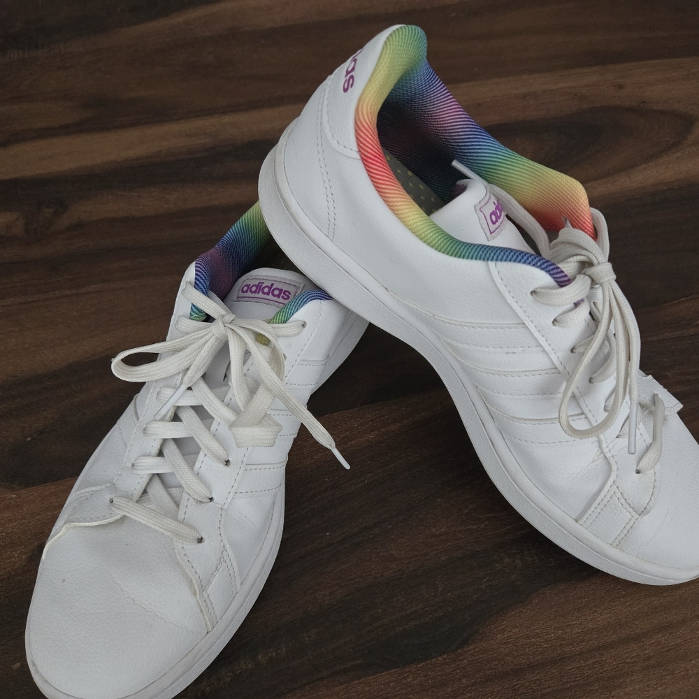 Adidas Women's Grand Court White Leather Sneakers with Rainbow Accents
